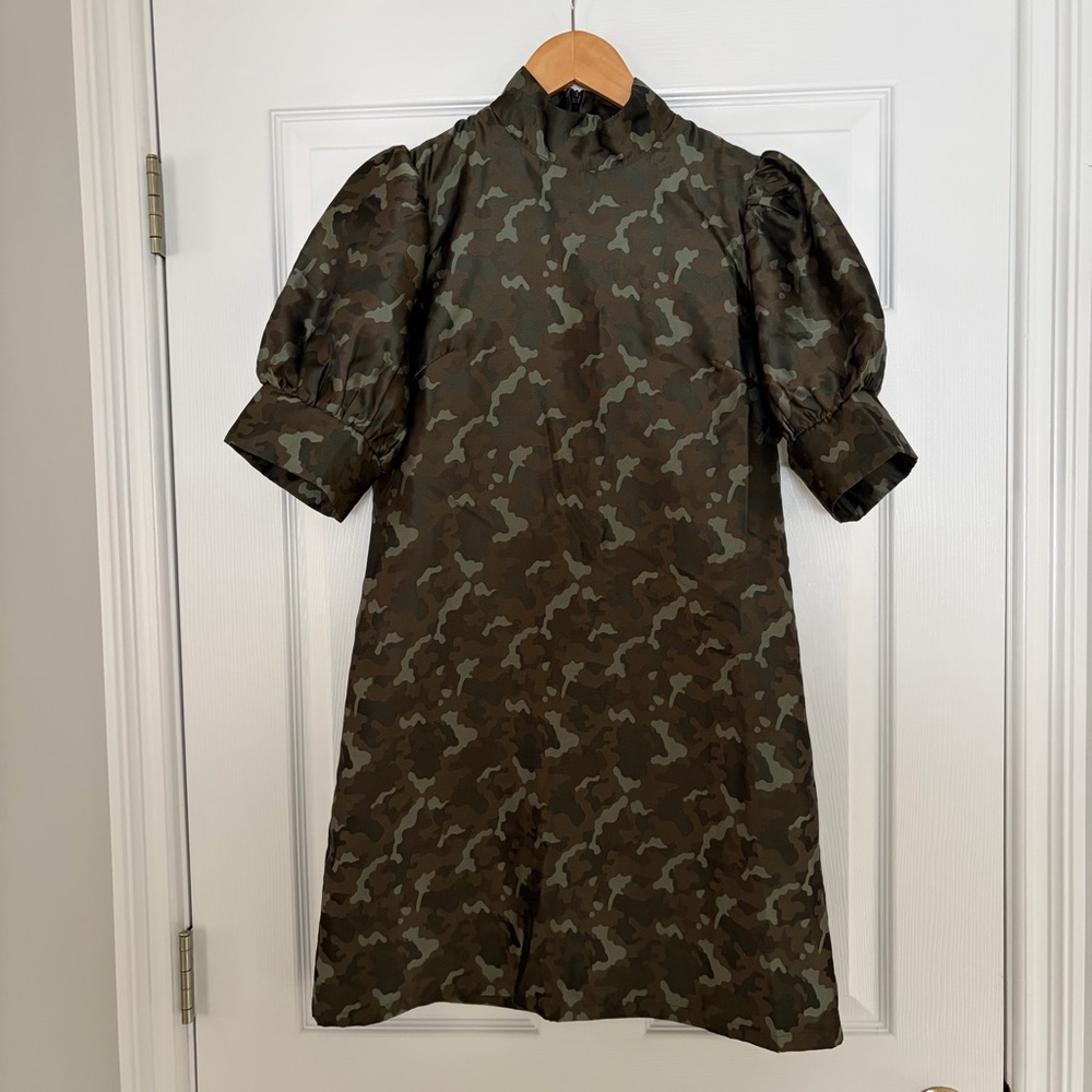 Anthropologie Sen Camo Puff Sleeve Mini Dress Sz. M